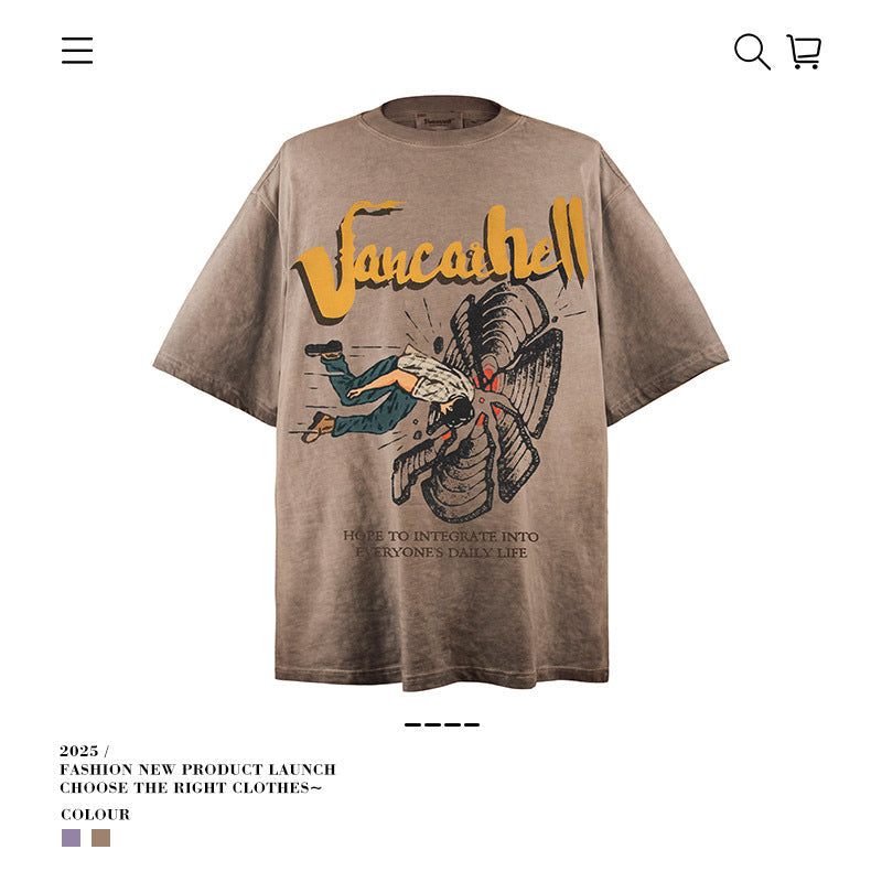 American vintage street T-shirt retro men's summer loose cotton five-quarter sleeves