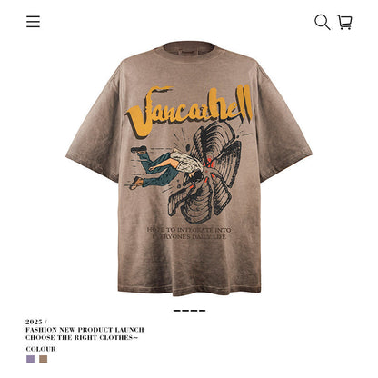 American vintage street T-shirt retro men's summer loose cotton five-quarter sleeves