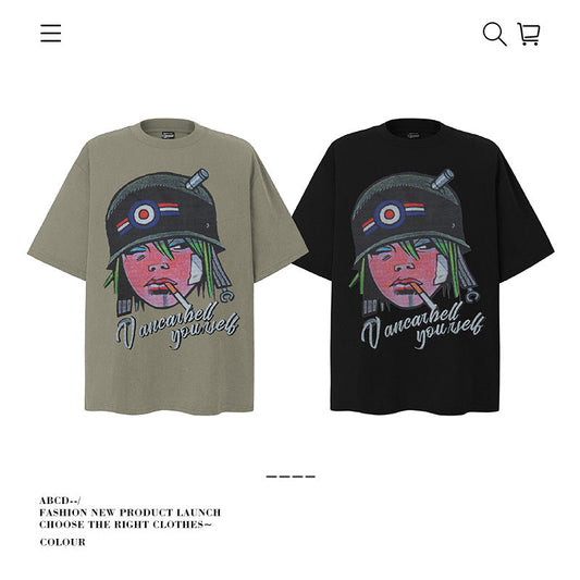 American vintage street T-shirt pure cotton men's and women's summer loose