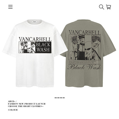 American vintage street T-shirt cotton cartoon character print men and women summer loose