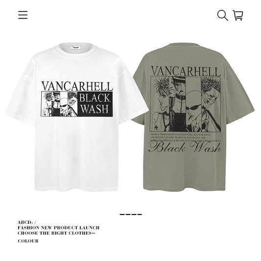 American vintage street T-shirt cotton cartoon character print men and women summer loose