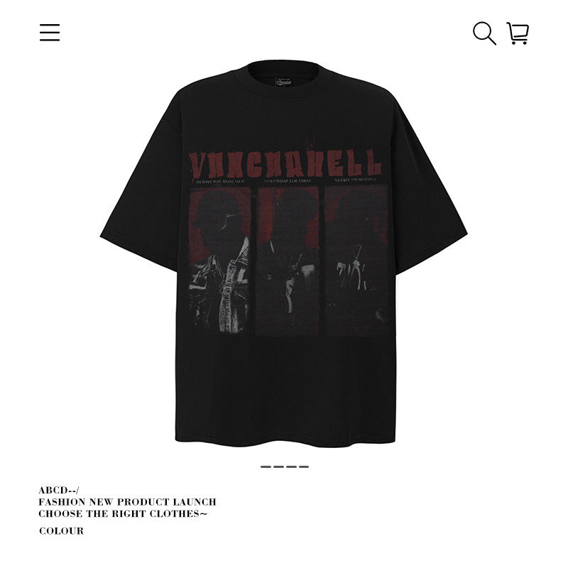 American vintage street T-shirt retro men's summer loose half-sleeved shirt