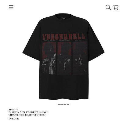 American vintage street T-shirt retro men's summer loose half-sleeved shirt