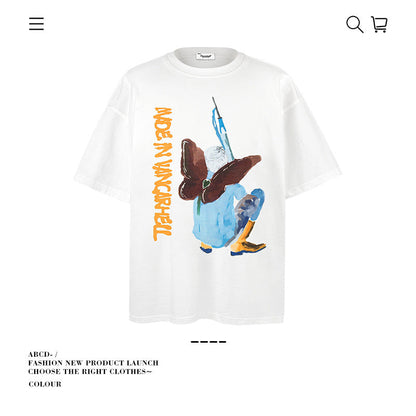 American vintage street T-shirt cotton fun cartoon print men and women summer loose