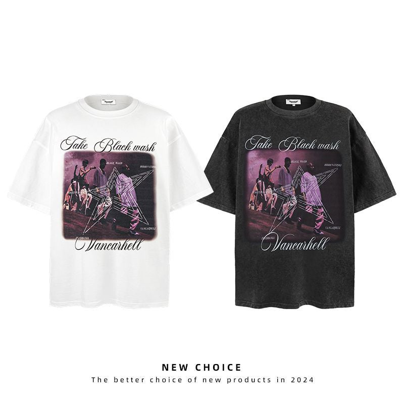 American vintage street T-shirt retro character print men's loose top