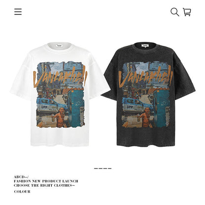 American vintage street T-shirt pure cotton retro men's and women's summer loose