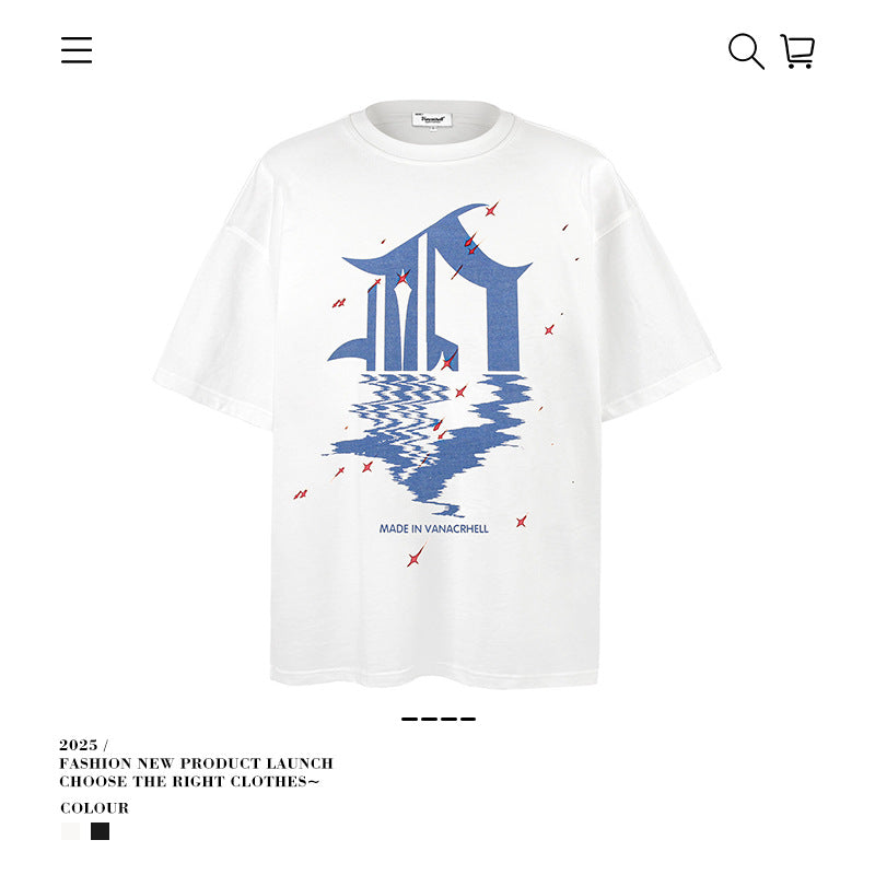 American vintage street T-shirt retro reflection print men's loose half sleeve