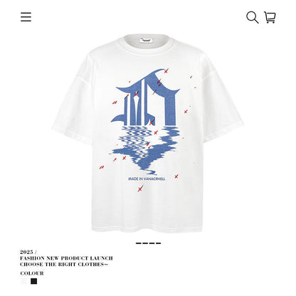American vintage street T-shirt retro reflection print men's loose half sleeve