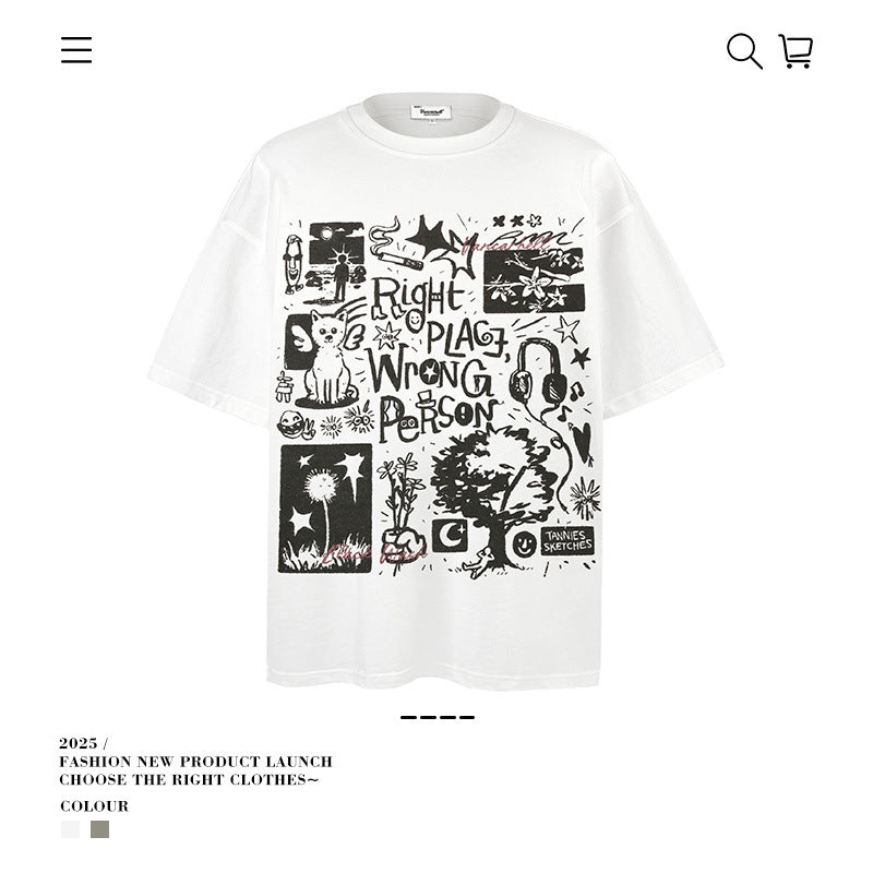 American vintage street T-shirt vintage cotton summer boys loose