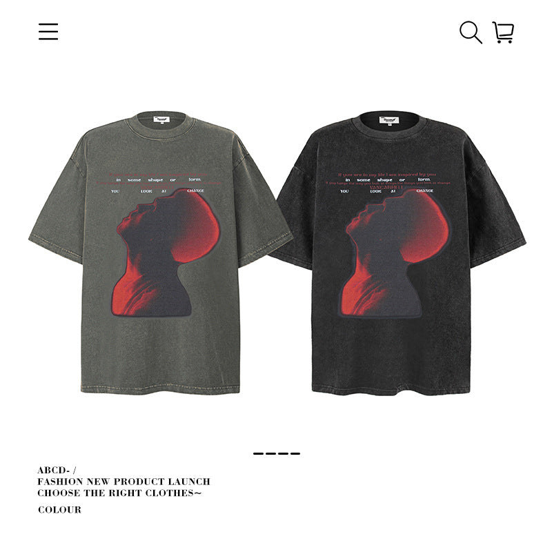 American vintage street T-shirt pure cotton retro portrait print men and women summer loose half sleeves