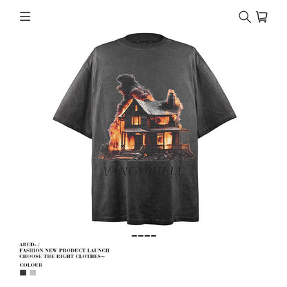 American vintage street T-shirt summer men's loose pure cotton