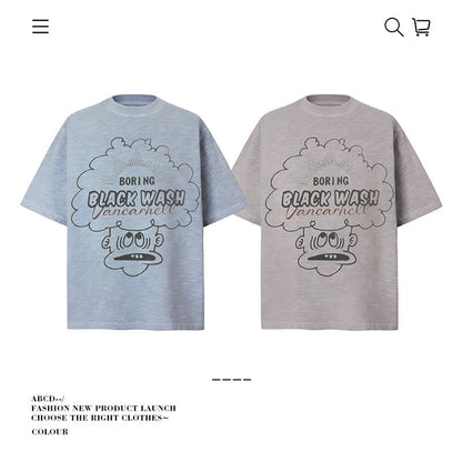 American vintage street T-shirt retro hand-painted cartoon print men's summer loose