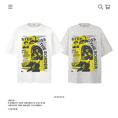 American vintage street T-shirt pure cotton retro men's and women's summer loose half sleeves