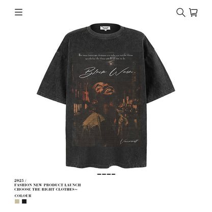 American vintage street T-shirt pure cotton retro men's and women's summer loose half sleeves