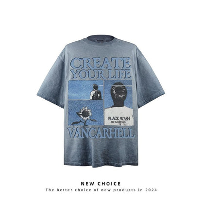 American vintage street T-shirt retro men's summer loose casual half-sleeved shirt