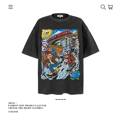 American vintage street T-shirt cotton fun cartoon print men and women summer loose half sleeve