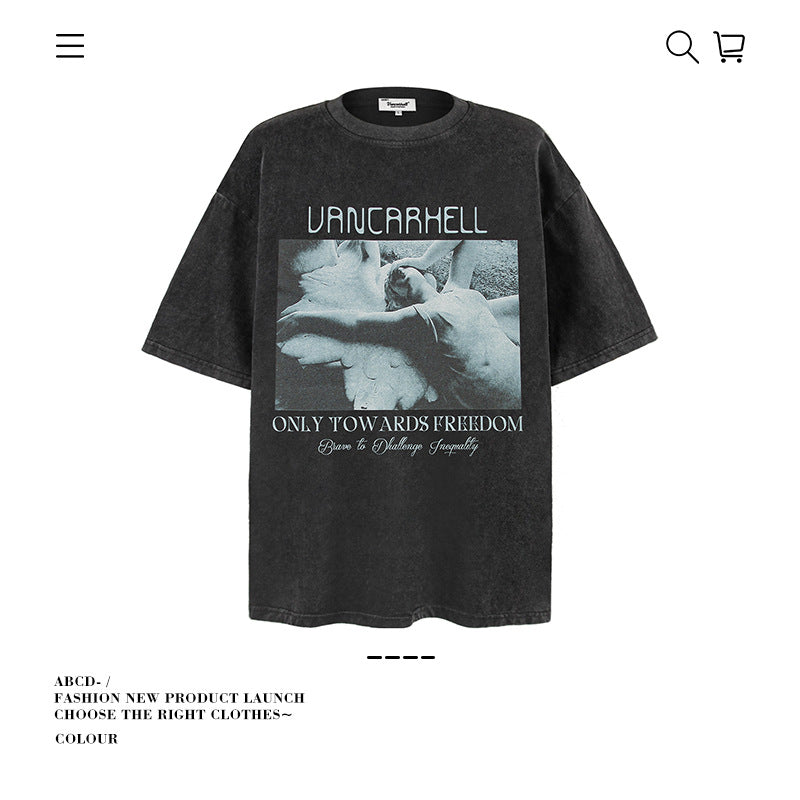 American vintage street T-shirt cotton vintage angel print men and women summer loose