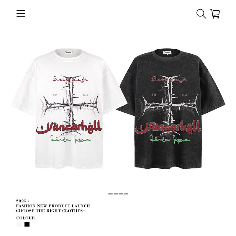 American vintage street T-shirt pure cotton men's and women's summer loose retro