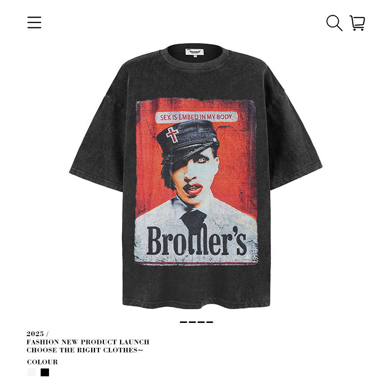 American vintage street T-shirt pure cotton retro men's and women's summer loose half sleeves
