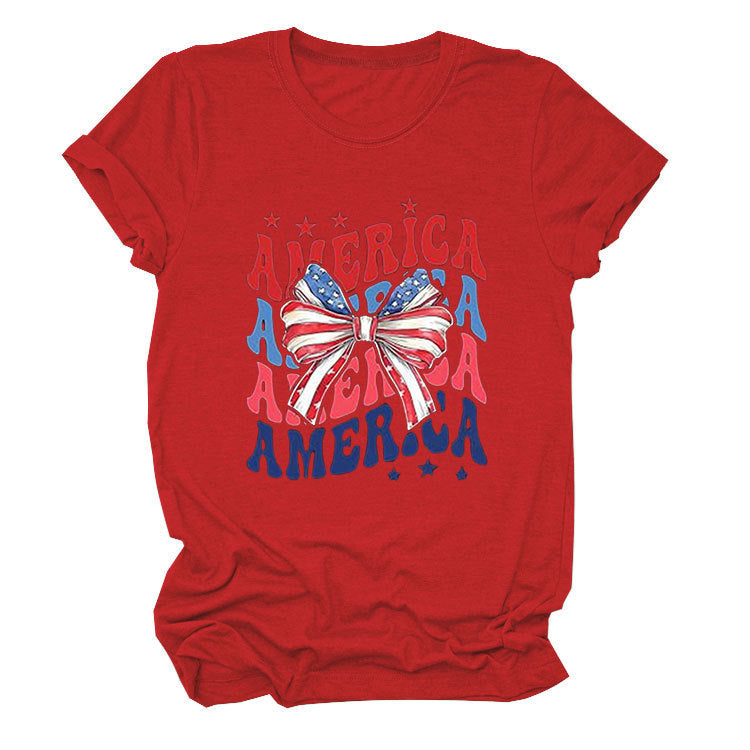 America Bow Short Sleeve Women's Fashion T-Shirt