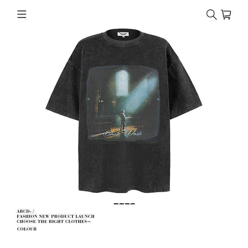 American vintage street T-shirt men's loose spring and summer half-sleeved shirt