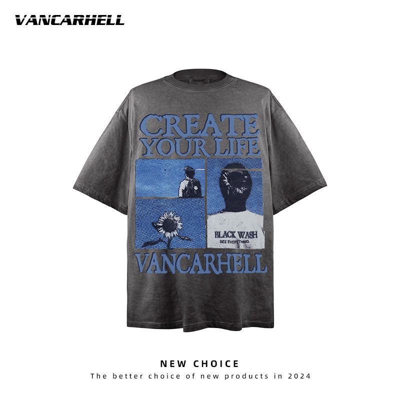 American vintage street T-shirt retro men's summer loose casual half-sleeved shirt