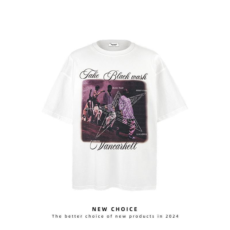 American vintage street T-shirt retro character print men's loose top