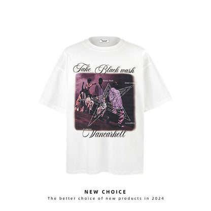 American vintage street T-shirt retro character print men's loose top