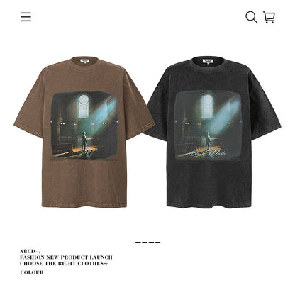 American vintage street T-shirt cotton vintage character print men and women summer loose