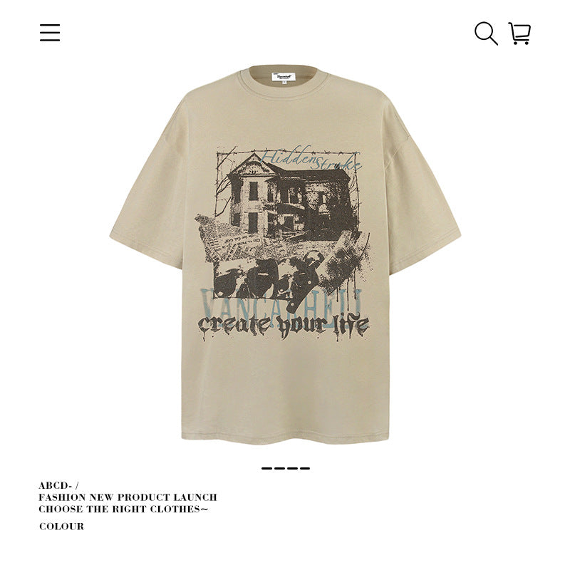 American vintage street T-shirt graffiti print men and women summer loose pure cotton
