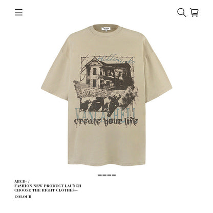 American vintage street T-shirt graffiti print men and women summer loose pure cotton