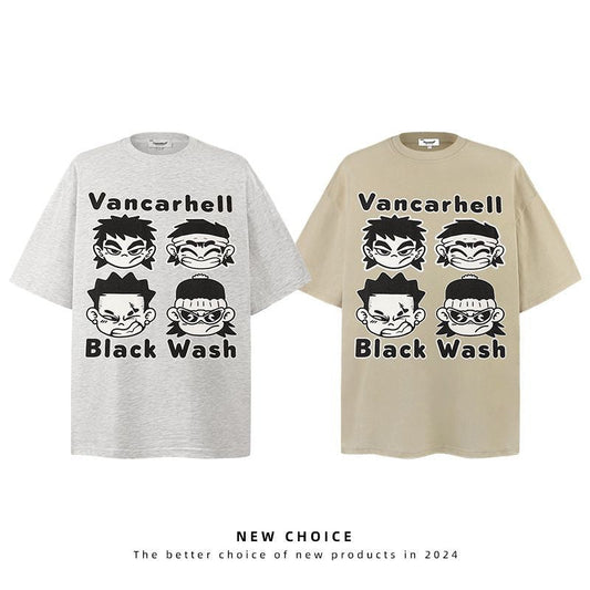American vintage street T-shirt cartoon character print men loose half sleeve