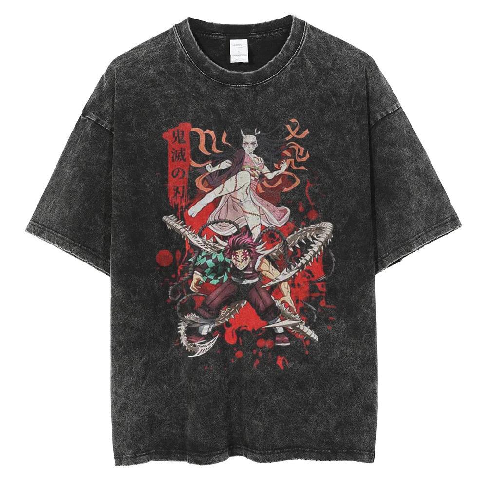 2024Men Vintage Black T Shirt Streetwear Harajuku Anime Print