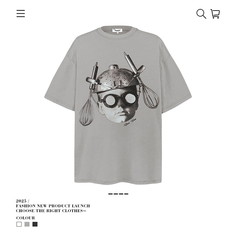 American vintage street T-shirt portrait print men loose half sleeve