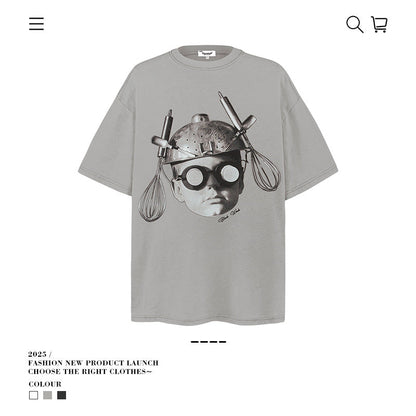 American vintage street T-shirt portrait print men loose half sleeve