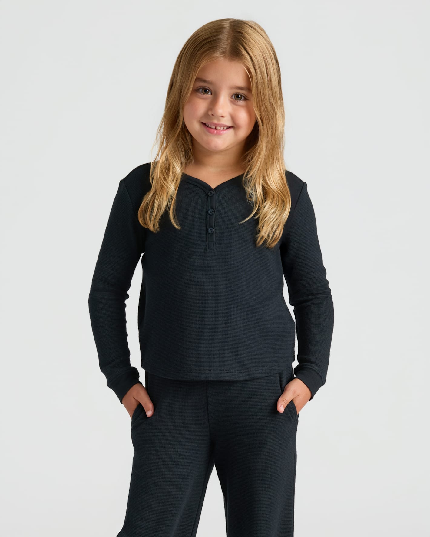 Girls Black Long Sleeve Boxy Waffle Henley