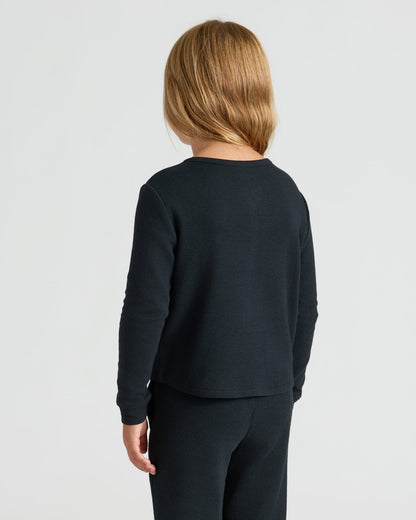Girls Black Long Sleeve Boxy Waffle Henley
