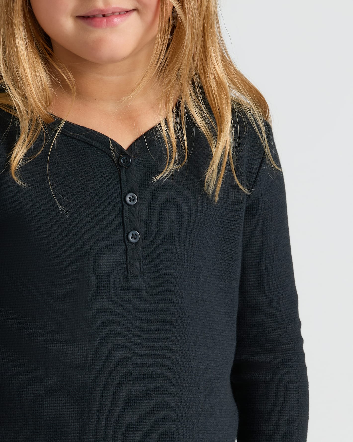 Girls Black Long Sleeve Boxy Waffle Henley