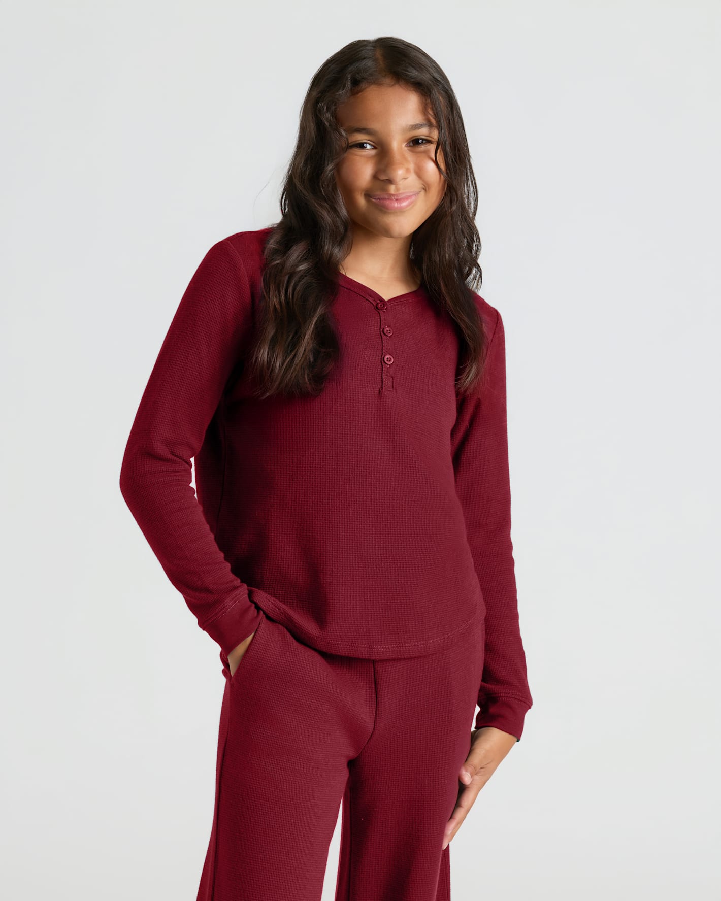 Girls Dark Maroon Waffle Long Sleeve Henley & Waffle Leg Pants 2-Pack