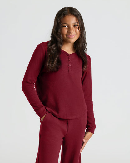 Girls Dark Maroon Waffle Long Sleeve Henley & Waffle Leg Pants 2-Pack