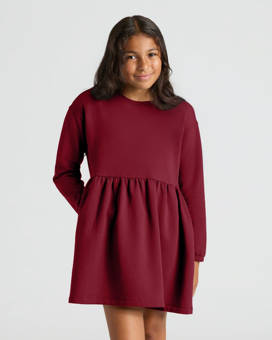 Girls Dark Maroon Long Sleeve Fleece Dress