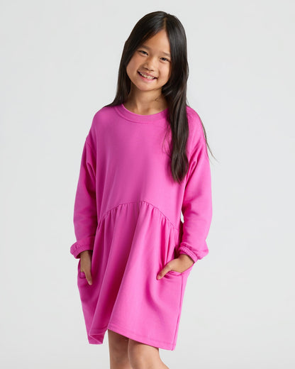 Girls Electric Fuchsia Long Sleeve Fleece Dress
