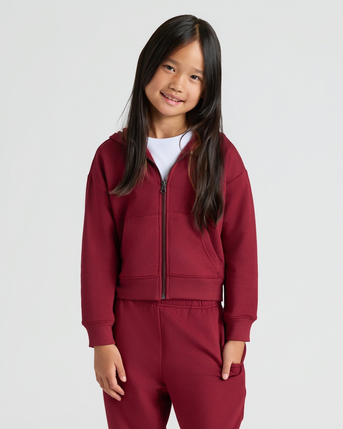 Girls Dark Maroon Cropped Zip Hoodie