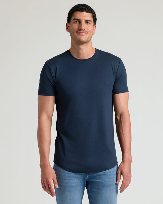 Navy Tall Pima Cotton Blend Curved Hem Crew