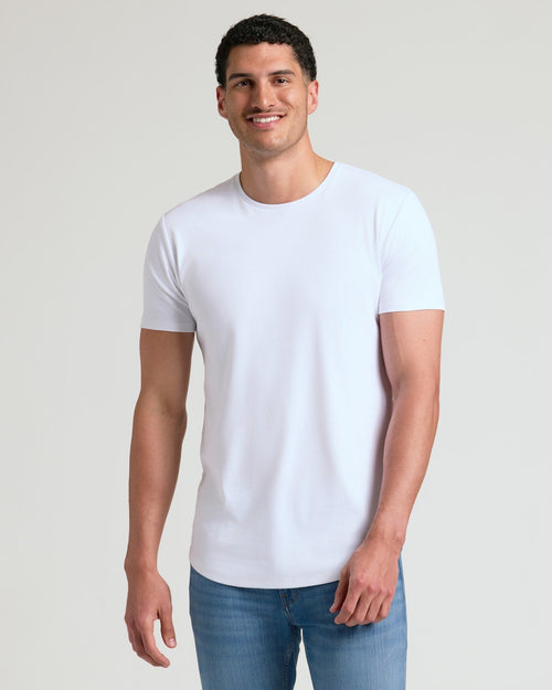 White Tall Pima Cotton Blend Curved Hem Crew