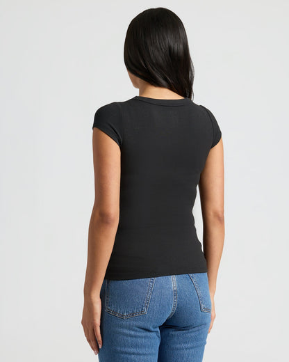 Womens Black Ribbed U-Neck Tee 3-Pack