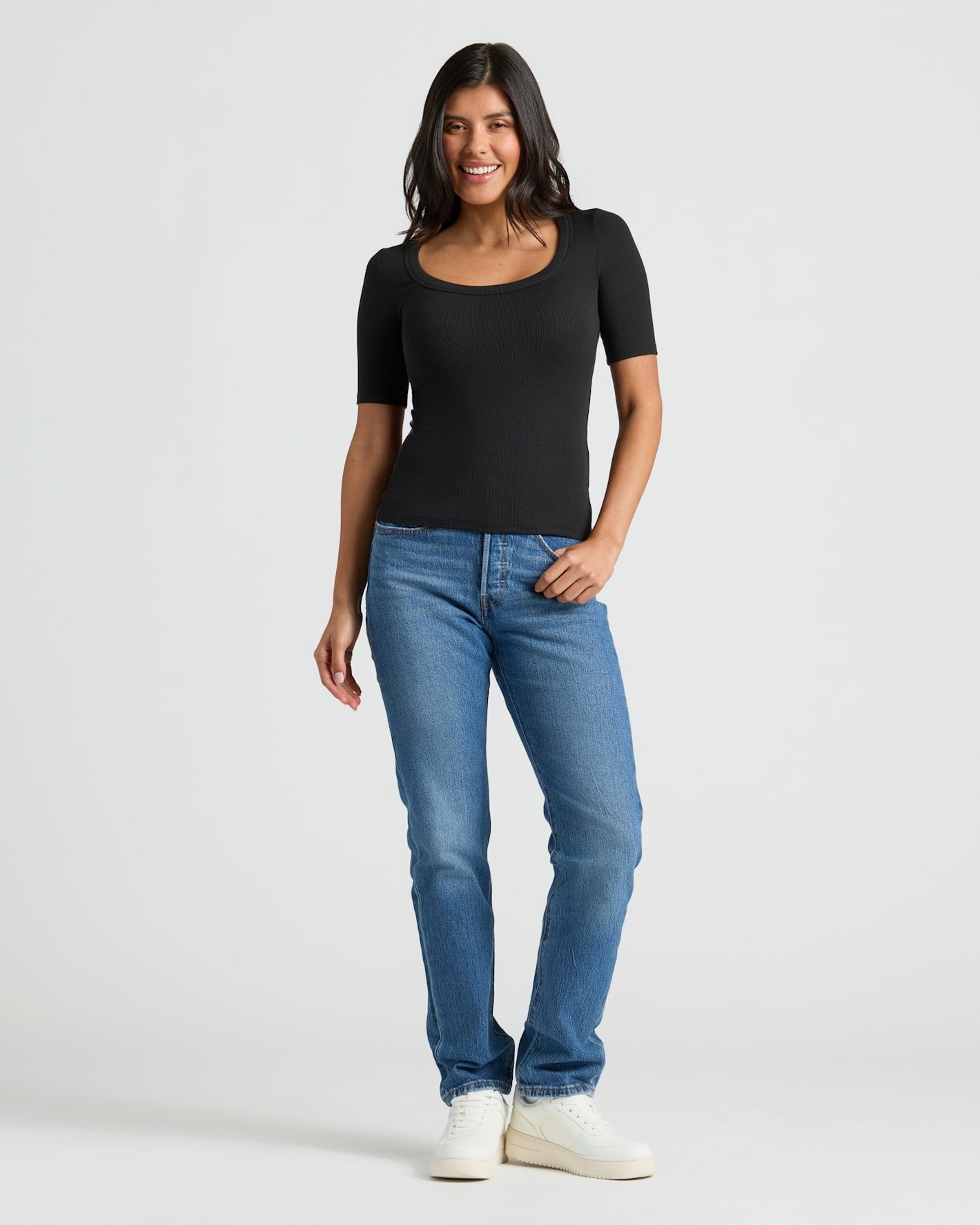 Womens Black Ribbed 3/4 Sleeve Scoop Neck Tee