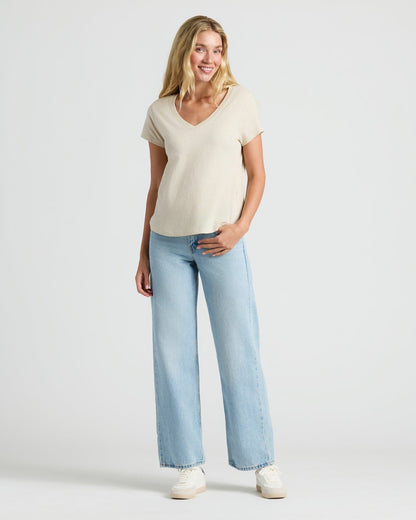 Womens Oatmeal Relaxed Slub V-Neck Tee 2-Pack