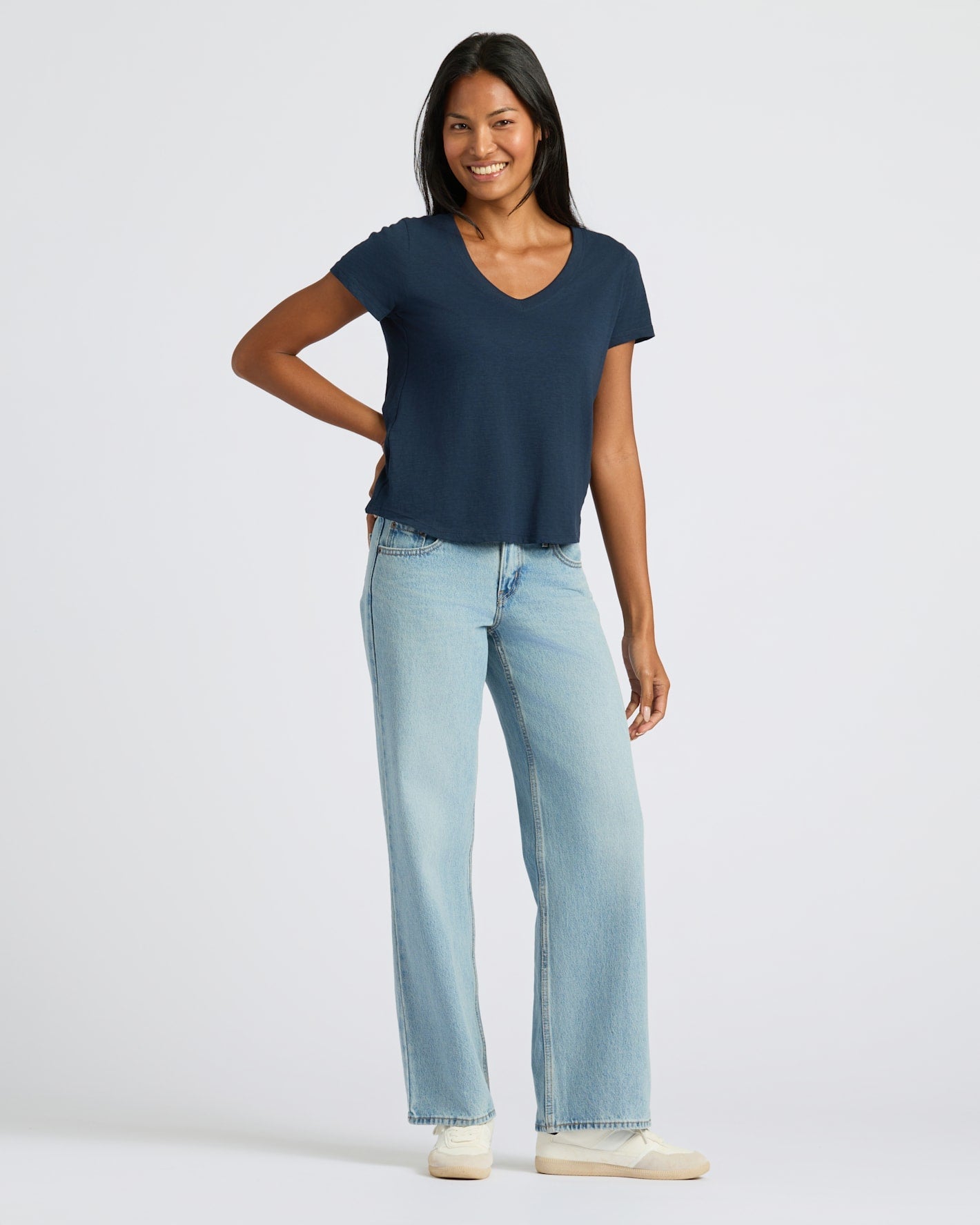 Womens Navy & White Relaxed Slub V-Neck Tee 2-Pack