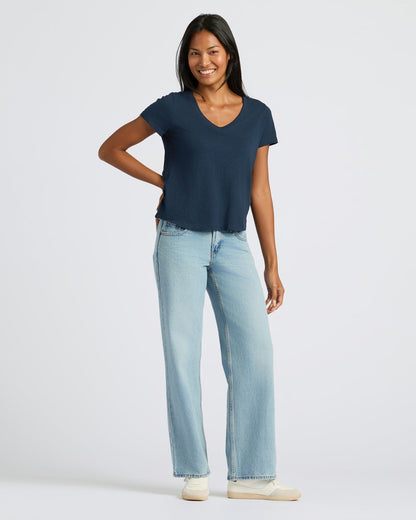 Womens Navy & White Relaxed Slub V-Neck Tee 2-Pack